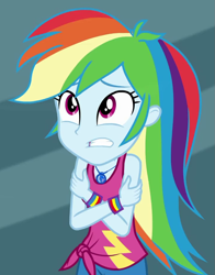 Size: 717x914 | Tagged: safe, derpibooru import, screencap, rainbow dash, better together, equestria girls, street chic, clothes, cold, cropped, cute, dashabetes, freezing, geode of super speed, magical geodes, shivering, sleeveless, solo, tanktop