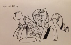 Size: 1024x645 | Tagged: safe, artist:moetomoe, rarity, pony, unicorn, canterlot boutique, clothes, dress, mannequin, monochrome, princess dress, solo, traditional art