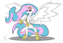 Size: 2800x1900 | Tagged: safe, artist:steam craft, princess celestia, alicorn, pony, angry, floppy ears, glare, open mouth, rearing, simple background, solo, spread wings, white background, wings