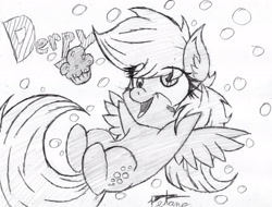 Size: 1942x1476 | Tagged: safe, artist:petanoprime, derpy hooves, pegasus, pony, blush sticker, blushing, bubble, chibi, eye clipping through hair, female, grayscale, mare, monochrome, open mouth, signature, smiling, solo, traditional art