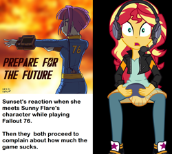 Size: 1464x1312 | Tagged: safe, artist:uotapo, sunny flare, sunset shimmer, better together, equestria girls, game stream, fallout, fallout 76, gamer sunset, pipboy, sunny flare's wrist devices, text