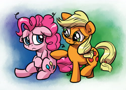 Size: 4200x3000 | Tagged: safe, artist:verulence, applejack, pinkie pie, earth pony, pony, cute, diapinkes, filly, jackabetes