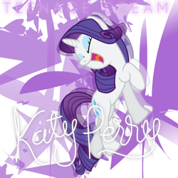 Size: 800x800 | Tagged: safe, artist:iphstich, artist:penguinsn1fan, rarity, pony, unicorn, abstract background, album, album cover, cover, katy perry, parody, singing, solo, song reference, teenage dream