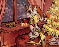 Size: 1627x1280 | Tagged: safe, artist:lonerdemiurge_nail, derpy hooves, alicorn, pony, alicornified, alternate cutie mark, christmas, christmas sweater, christmas tree, clothes, commission, derpicorn, food, hat, holiday, looking out the window, muffin, night, race swap, santa hat, sitting, smiling, socks, solo, sweater, tree, window