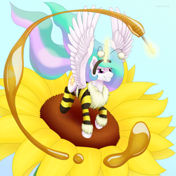 Size: 2000x2000 | Tagged: safe, artist:haretrinity, princess celestia, alicorn, pony, bee costume, beelestia, clothes, grin, smiling, socks, solo, spread wings, striped socks, sunflower