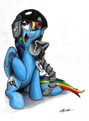 Size: 1986x2681 | Tagged: safe, artist:mattings, derpibooru import, rainbow dash, pegasus, pony, backwards cutie mark, cute, dashabetes, helmet, looking up, mask, oxygen mask, simple background, solo, wink