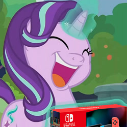 Size: 736x740 | Tagged: safe, edit, edited screencap, screencap, starlight glimmer, pony, unicorn, memnagerie, spoiler:memnagerie, spoiler:mlp friendship is forever, cropped, glowing horn, horn, nintendo switch, open mouth, solo