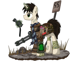 Size: 3500x3000 | Tagged: safe, artist:template93, pinkie pie, oc, oc:template, earth pony, pony, unicorn, fallout equestria, bags, bandage, binoculars, clothes, diorama, dirty, fanfic, fanfic art, female, glowing horn, gun, high res, hooves, horn, levitation, magic, male, mare, mini nuke, minigun, ministry mares, nuka cola, pipbuck, plushie, saddle bag, scarf, solo, speed sign, stallion, telekinesis, weapon