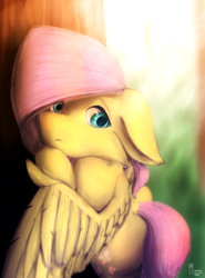 Size: 1700x2300 | Tagged: safe, artist:miarmo, fluttershy, pegasus, pony, against tree, bipedal, floppy ears, looking at you, solo, spread wings, under the tree, wings