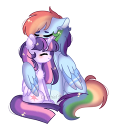 Size: 1024x1024 | Tagged: safe, artist:moon-rose-rosie, derpibooru import, rainbow dash, twilight sparkle, twilight sparkle (alicorn), alicorn, pegasus, pony, female, hug, lesbian, shipping, simple background, sitting, transparent background, twidash, winghug