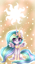Size: 1000x1800 | Tagged: safe, artist:naciax3, princess celestia, alicorn, pony, :3, chibi, looking at you, sitting, solo, spread wings