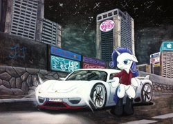 Size: 1600x1148 | Tagged: safe, artist:jet-ann, rarity, pony, unicorn, bipedal, boots, car, city, clothes, crossover, energy drink, graffiti, hoodie, lapfox trax, porsche, porsche 918, porsche 918 rsr, red bull, solo, sonic the hedgehog, sonic the hedgehog (series), supercar, traditional art, urban