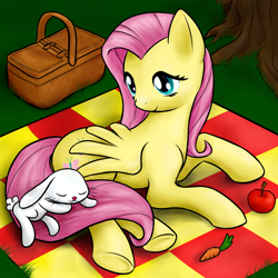 Size: 1000x1000 | Tagged: safe, artist:stardustxiii, angel bunny, fluttershy, pegasus, pony, basket, carrot, picnic