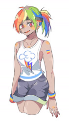 Size: 880x1560 | Tagged: safe, artist:trilithon, derpibooru import, rainbow dash, human, equestria girls, clothes, cute, ear piercing, female, headband, humanized, kotobukiya, kotobukiya rainbow dash, moderate dark skin, piercing, shorts, simple background, solo, tanktop, white background, wristband