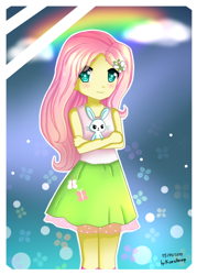 Size: 500x700 | Tagged: safe, artist:korollnap, angel bunny, fluttershy, equestria girls, clothes, skirt, solo, tanktop