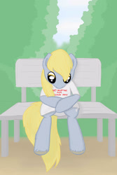 Size: 2000x3000 | Tagged: safe, artist:eternyan, derpy hooves, bench, clothes, sad, shirt, sitting, solo