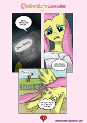 Size: 1200x1697 | Tagged: safe, artist:danteincognito, applejack, fluttershy, roseluck, earth pony, pegasus, pony, comic, fence, fluttershy's love letter, hearts and hooves day, letter, valentine's day