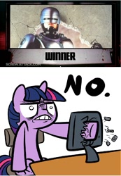 Size: 849x1227 | Tagged: safe, derpibooru import, twilight sparkle, death battle, exploitable meme, meme, robocop, terminator, terminator vs robocop