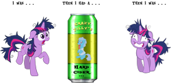 Size: 1564x764 | Tagged: safe, derpibooru import, twilight sparkle, pony, unicorn, female, hard cider, mare, multicolored mane, purple coat, solo, twilight snapple