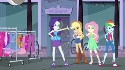 Size: 1920x1080 | Tagged: safe, derpibooru import, screencap, applejack, fluttershy, rainbow dash, rarity, better together, equestria girls, street chic, bare shoulders, bracelet, clothes, clothes rack, converse, geode of fauna, geode of shielding, geode of super speed, geode of super strength, high heels, jewelry, legs, magical geodes, sexy, shoes, sleeveless, smiling, sneakers, strapless, summer chic, tanktop, toes, window