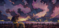 Size: 4000x1912 | Tagged: safe, artist:lukeine, applejack, earth pony, pony, cloud, cloudy, scenery, solo, sunset