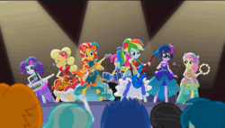 Size: 640x363 | Tagged: safe, screencap, applejack, fluttershy, pinkie pie, rainbow dash, rarity, sci-twi, sunset shimmer, twilight sparkle, equestria girls, legend of everfree, animated, camp everfree outfits, clothes, dress, drums, gif, guitar, humane five, humane seven, humane six, keytar, musical instrument, tambourine, the rainbooms