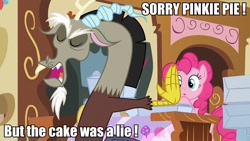 Size: 960x540 | Tagged: safe, screencap, discord, pinkie pie, earth pony, pony, make new friends but keep discord, angry, eyes closed, image macro, meme, rhyme, sugarcube corner, the cake is a lie