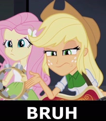 Size: 1800x2053 | Tagged: safe, screencap, applejack, fluttershy, equestria girls, rainbow rocks, applejack is not amused, bruh, frown, glare, raised eyebrow, reaction image, vine video