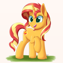 Size: 3696x3697 | Tagged: safe, artist:arcane-thunder, sunset shimmer, pony, unicorn, cute, ear fluff, female, grass, mare, open mouth, shimmerbetes, simple background, solo