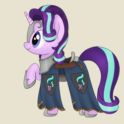 Size: 1000x1000 | Tagged: safe, artist:noosa, starlight glimmer, pony, unicorn, armor, barding, chainmail, female, mare, raised hoof, saddle, solo, tack