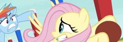 Size: 1744x610 | Tagged: safe, derpibooru import, screencap, fluttershy, rainbow dash, pegasus, pony, buckball season, faic, flying, gritted teeth, hoof hold, rainbow dash is best facemaker, scared