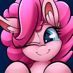 Size: 1500x1500 | Tagged: safe, artist:madacon, pinkie pie, earth pony, pony, crying, cute, diapinkes, female, mare, one eye closed, simple background, smiling, solo, tears of joy, wink