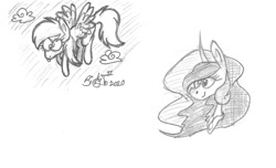 Size: 1461x887 | Tagged: safe, artist:binkyt11, derpibooru exclusive, derpy hooves, princess celestia, alicorn, pegasus, pony, bleb, derp, monochrome, simple background, traditional art, white background