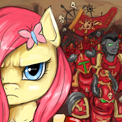 Size: 1280x1280 | Tagged: safe, artist:mod-of-chaos, fluttershy, pegasus, pony, ask-thewarpony, badass, bolter, chaos, chaos space marine, crossover, flag, flutterbadass, khorne, khorne berzerker, power armor, warhammer (game), warhammer 40k