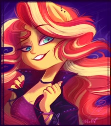 Size: 1185x1340 | Tagged: safe, artist:siliciaart, sunset shimmer, human, equestria girls, breasts, bust, choker, cleavage, clothes, ear fluff, ear piercing, eared humanization, female, humanized, jacket, leather jacket, nail polish, piercing, ponied up, pony ears, portrait, solo