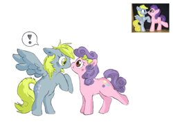 Size: 916x670 | Tagged: safe, artist:fizcat, artist:fizpup, derpy hooves, suri polomare, earth pony, pegasus, pony, blind bag, boop, bow, exclamation point, female, hair bow, mare, noseboop, photo, shipping, simple background, speech bubble, surihooves, toy, white background