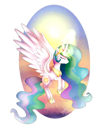 Size: 2300x2800 | Tagged: safe, artist:konnyart, princess celestia, alicorn, pony, eyes closed, flying, magic, solo