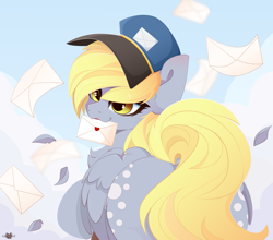 Size: 5000x4400 | Tagged: safe, alternate version, artist:xsatanielx, derpy hooves, pegasus, pony, absurd resolution, both cutie marks, chest fluff, cute, derpabetes, female, hat, letter, looking back, mailmare, mare, mouth hold, rcf community, rear view, smiling, solo, strategically covered