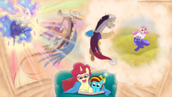 Size: 1280x720 | Tagged: safe, artist:celestiathegreatest, discord, princess celestia, princess luna, oc, oc:ilovekimpossiblealot, alicorn, pony, a different perspective, pink-mane celestia, reading, story, younger