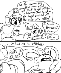 Size: 654x771 | Tagged: safe, artist:dotkwa, nurse redheart, pinkie pie, earth pony, pony, comic, injured, monochrome, pun, sketch