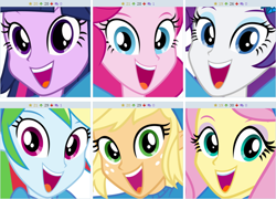 Size: 766x551 | Tagged: safe, derpibooru import, applejack, fluttershy, pinkie pie, rainbow dash, rarity, twilight sparkle, equestria girls, derpibooru, faic, juxtaposition, meta, open mouth