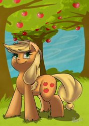 Size: 2480x3507 | Tagged: safe, artist:atane27, applejack, earth pony, pony, smiling, solo, tree