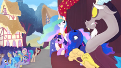 Size: 1280x720 | Tagged: safe, artist:celestiathegreatest, discord, princess celestia, princess luna, twilight sparkle, twilight sparkle (alicorn), oc, alicorn, pony, a different perspective, crowd