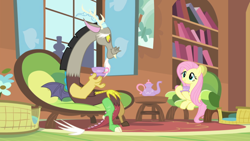 Size: 620x350 | Tagged: safe, screencap, discord, fluttershy, pegasus, pony, make new friends but keep discord, tea party