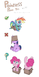 Size: 1746x3404 | Tagged: dead source, safe, artist:jittery-the-dragon, derpibooru import, pinkie pie, rainbow dash, twilight sparkle, twilight sparkle (alicorn), alicorn, earth pony, pegasus, pony, :3, :c, :p, box, cute, dashabetes, diapinkes, female, mare, now you're thinking with portals, pinkie being pinkie, pointless pony tips, pony in a box, portal, silly, silly pony, tongue out, twiabetes, twilight is not amused