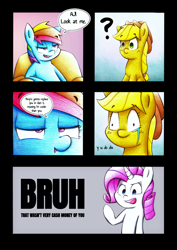 Size: 2890x4088 | Tagged: safe, artist:mustachedbain, derpibooru import, applejack, rainbow dash, rarity, earth pony, pegasus, pony, unicorn, bruh, dialogue, female, mare, speech bubble