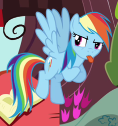 Size: 343x364 | Tagged: safe, derpibooru import, screencap, rainbow dash, pegasus, pony, testing testing 1-2-3, cropped, female, golden oaks library, mare, solo, spread wings, tongue out, wings