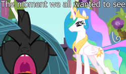 Size: 1470x864 | Tagged: safe, princess celestia, queen chrysalis, alicorn, changeling, changeling queen, pony, a canterlot wedding, alternate ending, alternate scenario, broken horn, broken teeth, crying, good end, injured, text