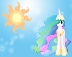 Size: 1280x1024 | Tagged: safe, artist:togekisspika35, princess celestia, alicorn, pony, female, horn, mare, multicolored mane, solo, wallpaper, white coat