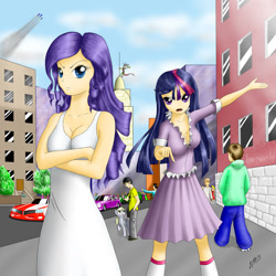 Size: 1466x1466 | Tagged: safe, artist:zigword, derpy hooves, discord, rarity, twilight sparkle, human, city, clothes, dress, humanized, pleated skirt, skirt, wonderbolts